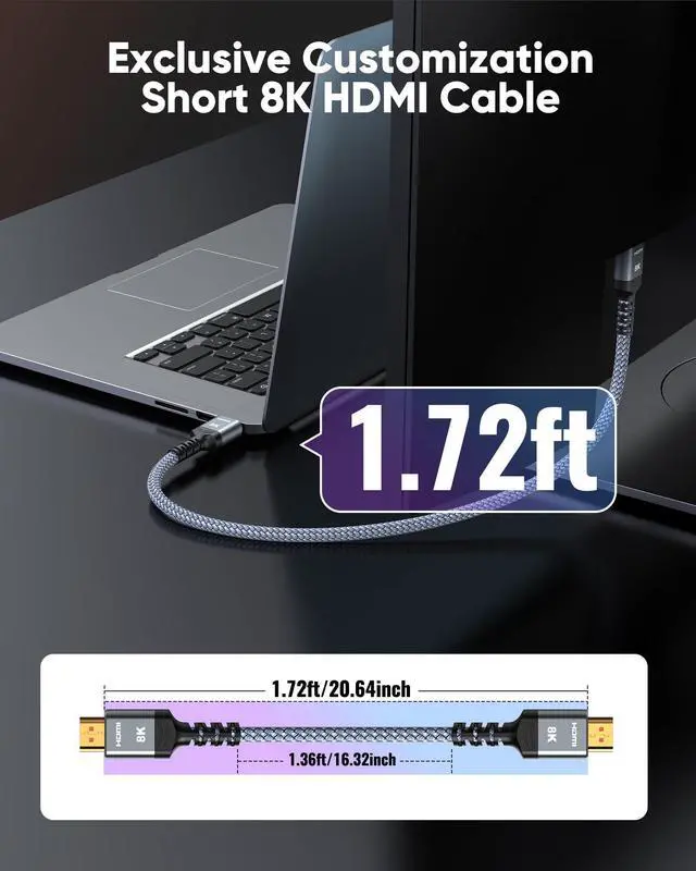Alt view image 3 of 7 - Vszerda Short 8K HDMI Cable 1.72ft Total Length, 1.36ft Cable Length, Ultra High Speed HDMI Braided Cord-4K@120Hz, 8K@60Hz,eARC, Compatible for PS5,Monitor,PC and More