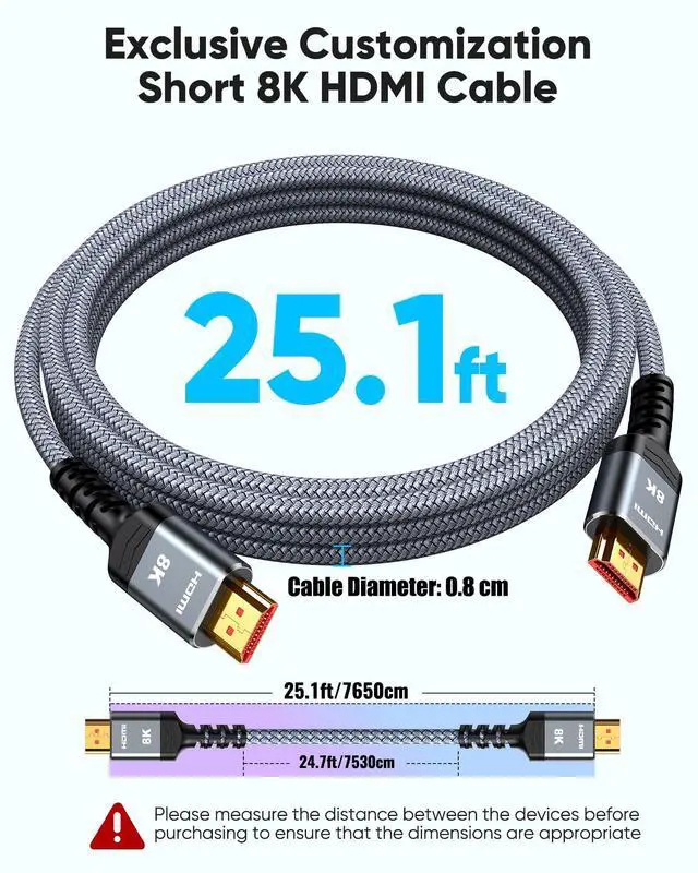 Alt view image 3 of 7 - Vszerda Long 8K HDMI Cable 25FT 48Gbps, 2.1 High Speed Gaming Cord 4K@120Hz 8K@60Hz RTX 3090 eARC 3D Compatible for PS5, UHD TV and Blu-ray Player