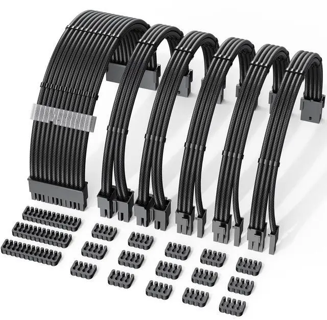 Main image of Vszerda PSU Cable Extension Kit 18AWG Power Supply Cables (1x 24Pin ATX / 2X 8Pin EPS / 3X 8Pin PCIE), 12in GPU Extensions, Pre-Bent Design & Dual Cable Combs (Black Nylon Braided)