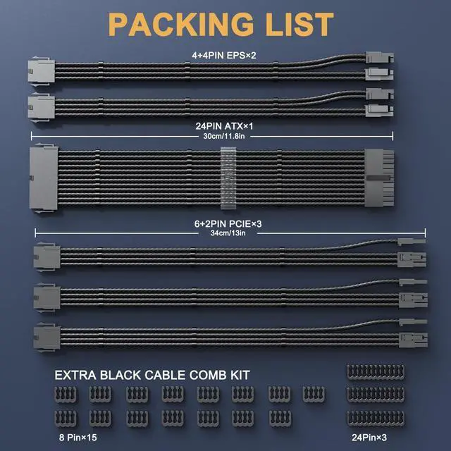 Alt view image 7 of 7 - Vszerda PSU Cable Extension Kit 18AWG Power Supply Cables (1x 24Pin ATX / 2X 8Pin EPS / 3X 8Pin PCIE), 12in GPU Extensions, Pre-Bent Design & Dual Cable Combs (Black Nylon Braided)