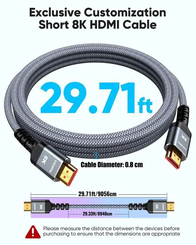 Alt view image 3 of 7 - Vszerda 8K HDMI Cable Long 2.1 30FT/9M, 48Gbps High Speed HDMI 4K120 144Hz Dynamic HDR 10 eARC HDCP 2.2&2.3 Compatible for PS5, Blu-ray Player and Monitor