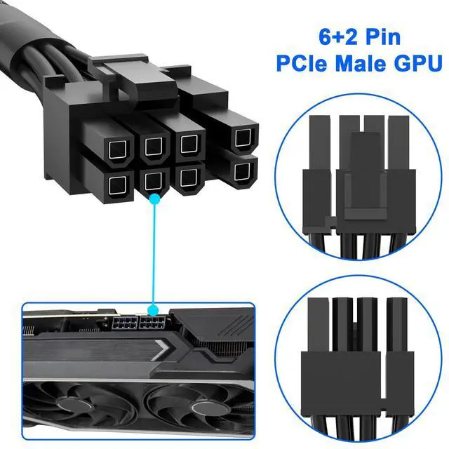 Alt view image 3 of 6 - Vszerda PCIe Cable for E VGA Power Supply, PCIe 8 Pin Male to 6+2 Pin Male, 18AWG 10A E VGA Supernova Cables -23.6 inch (60cm)