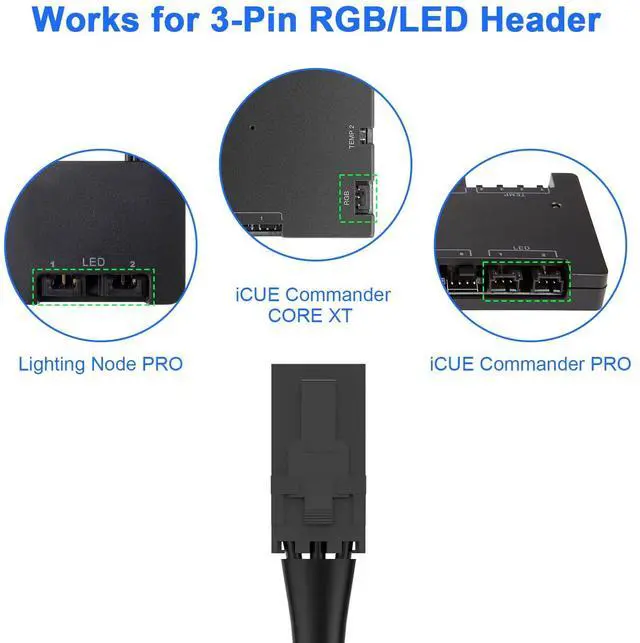 Alt view image 3 of 6 - Vszerda 3 Pin ARGB Adapter Cable for C orsair Lighting Node PRO, iCUE Commander PRO, iCUE Commander CORE XT, Converter to Standard 5V 3-Pin ARGB Device - Black Braided, 10.81 in (29cm)