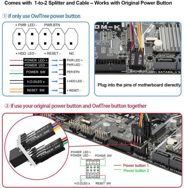 Alt view image 2 of 6 - Vszerda PC Power Button, Desktop Switch Splitter ON Off Reset SW HDD LED PC External Power Supply Button for Computer Motherboard