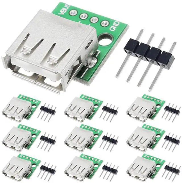 Main image of Vszerda 10 Pcs USB Type A Female to DIP Adapter 2.54mm 4 Pin USB 2.0 Type A Socket to DIP Converter Breakout Board for DIY Power Supply with 40 Pin Header