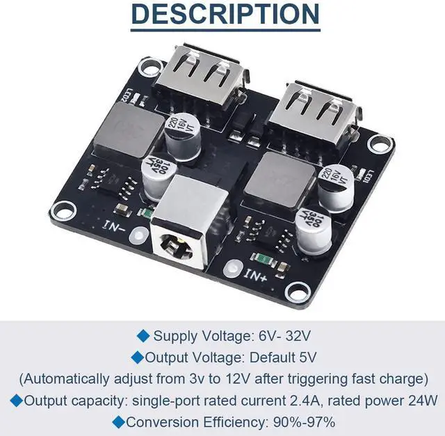 Alt view image 2 of 7 - Vszerda 2 Pcs 6-32V 9V 12V 24V to 5V Fast Charging Module Dual USB QC3.0 QC2.0 DC-DC Buck Converter Step-Down Quick Charger Circuit Board with DC Power Cable