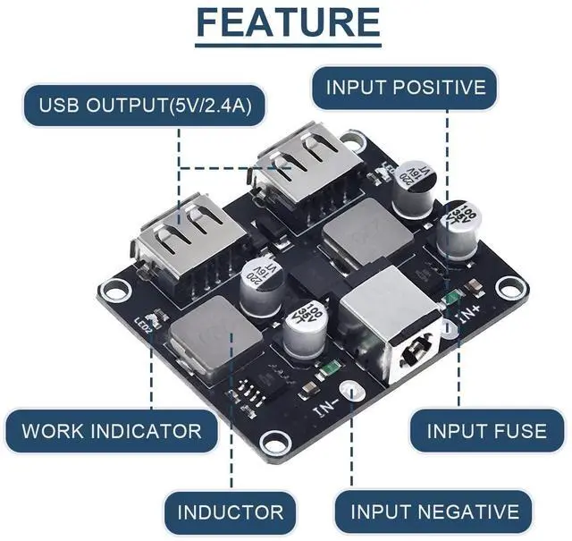 Alt view image 5 of 7 - Vszerda 2 Pcs 6-32V 9V 12V 24V to 5V Fast Charging Module Dual USB QC3.0 QC2.0 DC-DC Buck Converter Step-Down Quick Charger Circuit Board with DC Power Cable