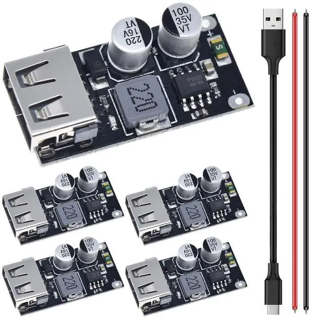Main image of Vszerda 5 Pcs 6-32V 9V 12V 24V to 5V 3A Fast Charging Module USB QC3.0 QC2.0 DC-DC Buck Converter Step-Down Quick Charger Circuit Board with USB Cable, 24AWG Wire