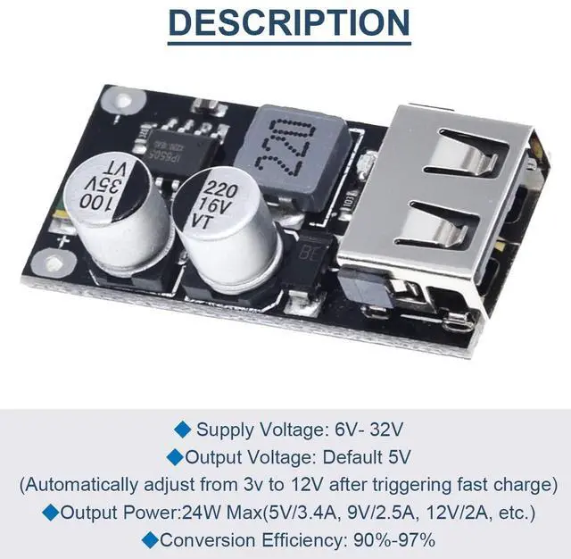 Alt view image 2 of 7 - Vszerda 5 Pcs 6-32V 9V 12V 24V to 5V 3A Fast Charging Module USB QC3.0 QC2.0 DC-DC Buck Converter Step-Down Quick Charger Circuit Board with USB Cable, 24AWG Wire