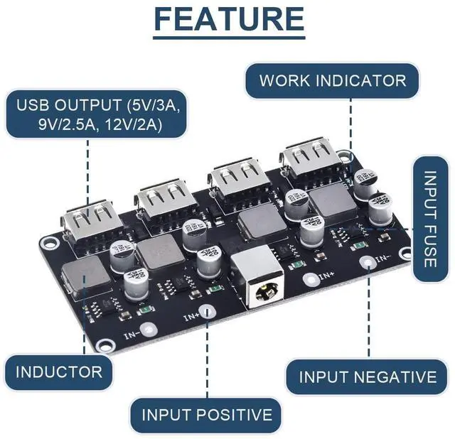 Alt view image 4 of 7 - Vszerda 6-32V 9V 12V 24V to 5V Fast Charging Module 4 Port USB QC3.0 QC2.0 DC-DC Buck Converter Step-Down Quick Charger Circuit Board with USB Cable, 24AWG Wire
