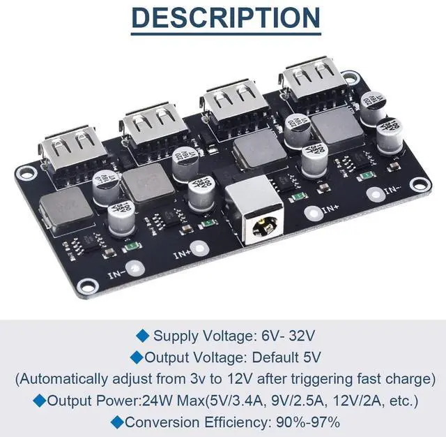 Alt view image 2 of 7 - Vszerda 6-32V 9V 12V 24V to 5V Fast Charging Module 4 Port USB QC3.0 QC2.0 DC-DC Buck Converter Step-Down Quick Charger Circuit Board with USB Cable, 24AWG Wire