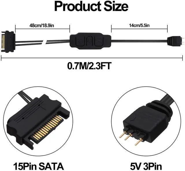 Alt view image 4 of 7 - Vszerda 5V 3PIN ARGB Controller RGB PC Fan Lighting Controller Adapter Cable with SATA Power Supply for Computer Fans Light Strips Lighting Boards Cooler 70cm-2pcs