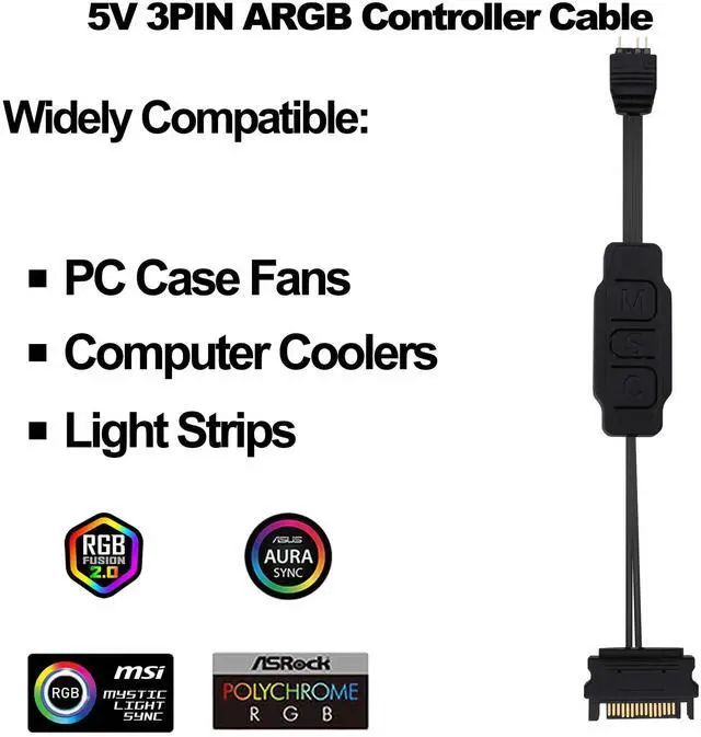 Alt view image 6 of 7 - Vszerda 5V 3PIN ARGB Controller RGB PC Fan Lighting Controller Adapter Cable with SATA Power Supply for Computer Fans Light Strips Lighting Boards Cooler 70cm-2pcs