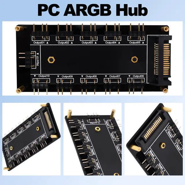 Alt view image 3 of 7 - Vszerda 5V 3PIN ARGB Hub 1 to 10 Way RGB LED Fan Splitter Hub Controller with SATA Power Supply Extended Motherboard ARGB Interface