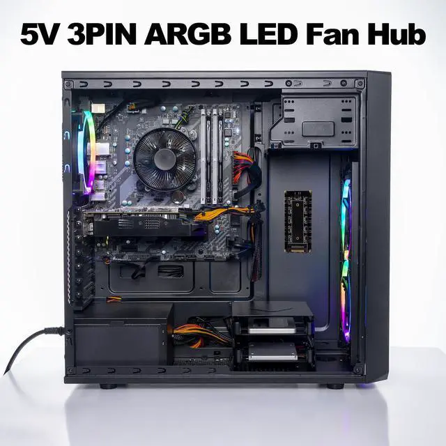 Alt view image 6 of 7 - Vszerda 5V 3PIN ARGB Hub 1 to 10 Way RGB LED Fan Splitter Hub Controller with SATA Power Supply Extended Motherboard ARGB Interface