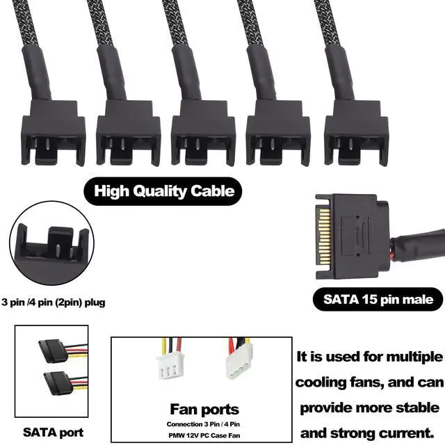 Alt view image 4 of 7 - Vszerda SATA to Fan Splitter Adapter Power Cable 15 Pin SATA to 5 x 3 Pin / 4 Pin 12V PC Case Cooling Fan Splitter Power Supply Cable -27cm - 2pcs