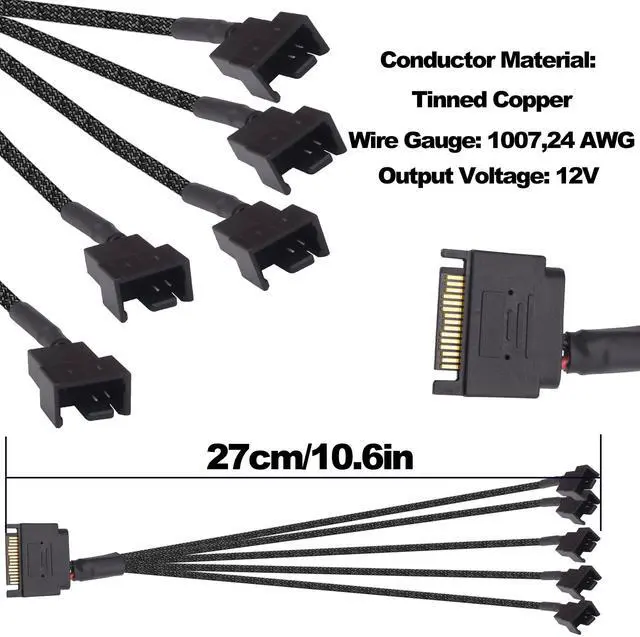 Alt view image 3 of 7 - Vszerda SATA to Fan Splitter Adapter Power Cable 15 Pin SATA to 5 x 3 Pin / 4 Pin 12V PC Case Cooling Fan Splitter Power Supply Cable -27cm - 2pcs