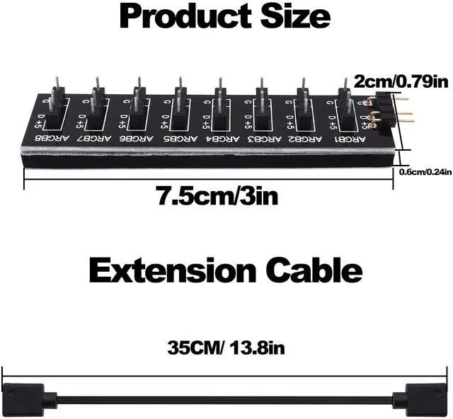 Alt view image 3 of 7 - Vszerda 5V 3PIN ARGB Splitter Hub 1 to 8 Way RGB Fans Hub Controller with Extension Cord for Expansion Motherboard ARGB Interface Sync Fans Lights-2Pcs-35CM