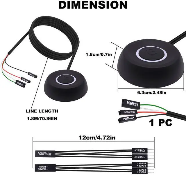 Alt view image 2 of 7 - YARCHONN PC Power Button Switch Desktop Computer Power Switch External Computer Motherboard Remote Start Button Extension Cord with LED Light -1.8M /5.9FT Black