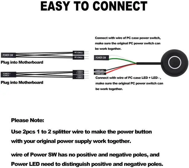 Alt view image 3 of 7 - YARCHONN PC Power Button Switch Desktop Computer Power Switch External Computer Motherboard Remote Start Button Extension Cord with LED Light -1.8M /5.9FT Black