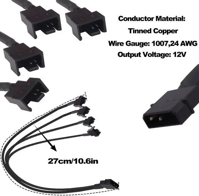 Alt view image 3 of 7 - YARCHONN Molex to PC Fan Power Splitter Cable, 4 Pin Molex to 4 x 3 Pin /4 Pin 12V PC Case Fan Connector Adapter Y Splitter Extension Power Cable Cord -27cm - 2pcs
