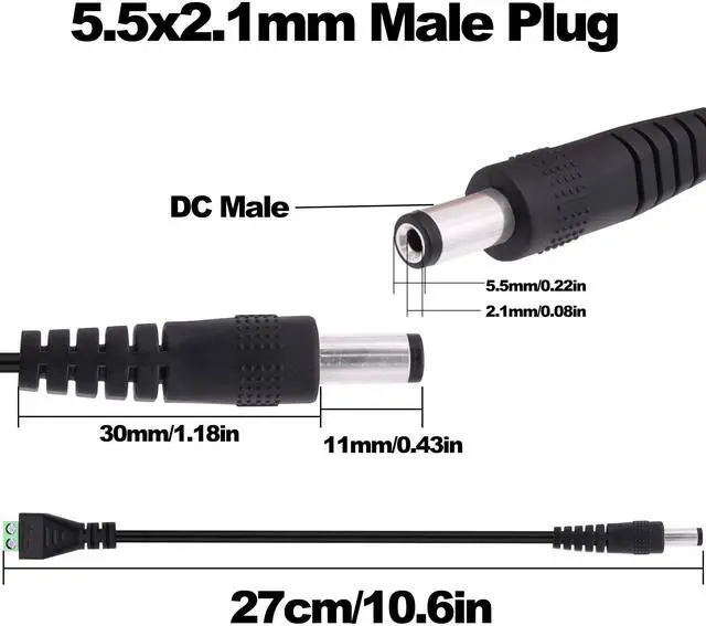 Alt view image 3 of 7 - DC 5.5mm x 2.1mm Screw Terminal Block Adapter Power Extension Cable DC Male to 2Pin Solderless Connector Cable Replacement Repair Supply Cord For CCTV Cameras Routers LED Devices-27cm-2Pcs (Male)