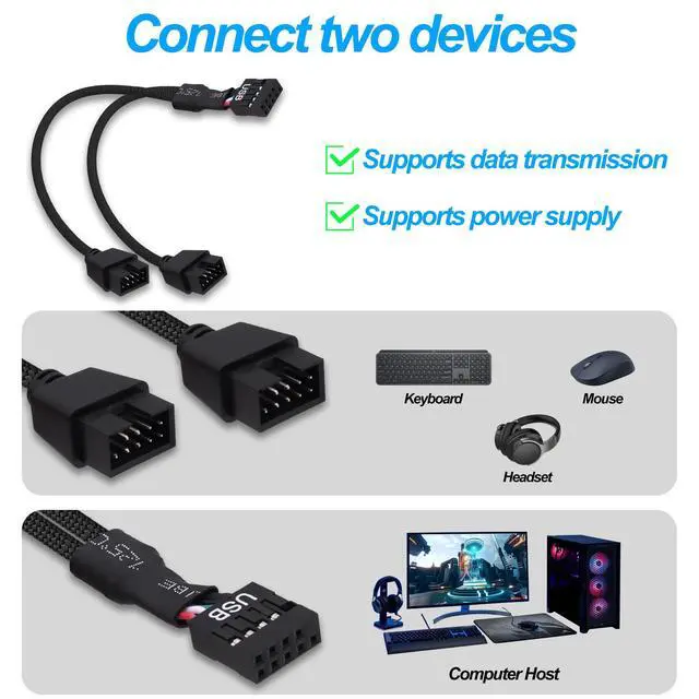 Alt view image 7 of 7 - Vszerda Motherboard USB Header Splitter Y Cable USB 2.0 9Pin Female to Dual 9Pin Male Motherboard Header Splitter Hub 1 to 2 Converter Extension Cord Adapter-15cm-2pcs