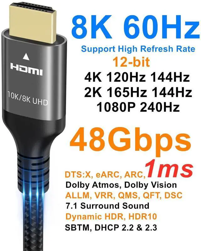 Alt view image 2 of 7 - Vszerda 10K 8K 4K HDMI Cable 48Gbps 25 FT, Certified Ultra High Speed HDMI® Cable 4K 240Hz 144Hz 120Hz 8K60Hz 0.01ms HDR10+ eARC HDCP2.3 Netflix TV PC Monitor Projector PS5 Xbox