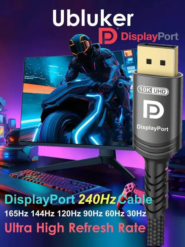 Alt view image 4 of 4 - Vszerda 10K 8K DisplayPort 2.1 Cable 54Gbps 16.4 FT, Certified DP to DP Cord 4K 240Hz 165Hz 144Hz 120Hz 10K 8K 120Hz Nylon Braided UHBR HDCP2.3 FreeSync G-Sync RTX5090 Gaming Monitor PC Projector