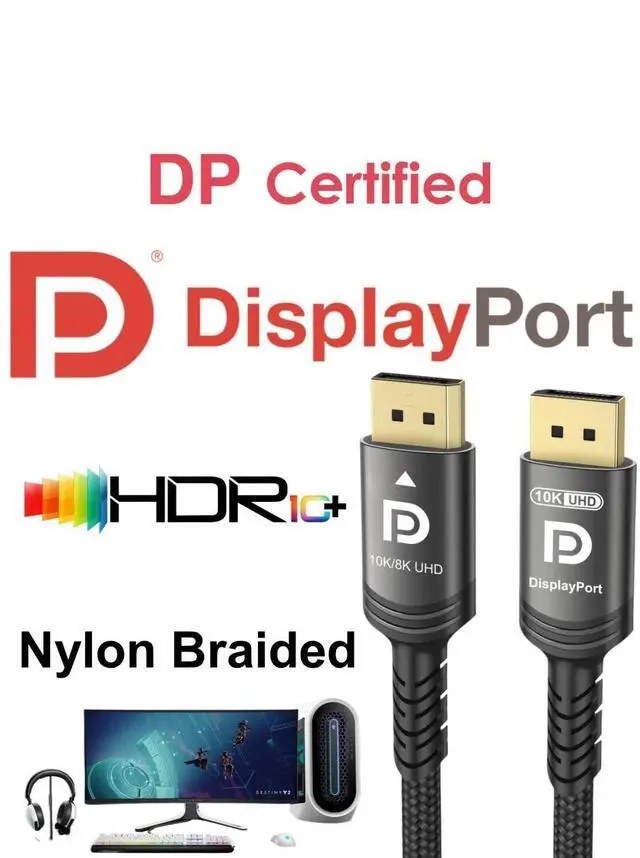 Alt view image 2 of 7 - Vszerda 10K 8K DisplayPort 2.1 Cable 54Gbps 6.6 FT, Certified DP to DP Cord 4K 240Hz 165Hz 144Hz 120Hz 10K 8K 120Hz Nylon Braided UHBR HDCP2.3 FreeSync G-Sync RTX5090 Gaming Monitor PC Projector