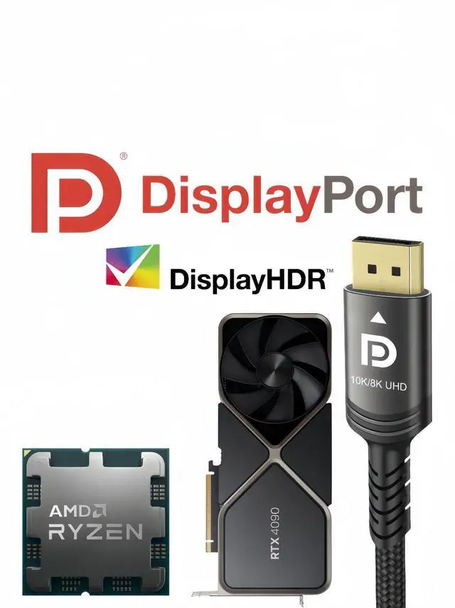 Alt view image 7 of 7 - Vszerda 10K 8K DisplayPort 2.1 Cable 54Gbps 6.6 FT, Certified DP to DP Cord 4K 240Hz 165Hz 144Hz 120Hz 10K 8K 120Hz Nylon Braided UHBR HDCP2.3 FreeSync G-Sync RTX5090 Gaming Monitor PC Projector
