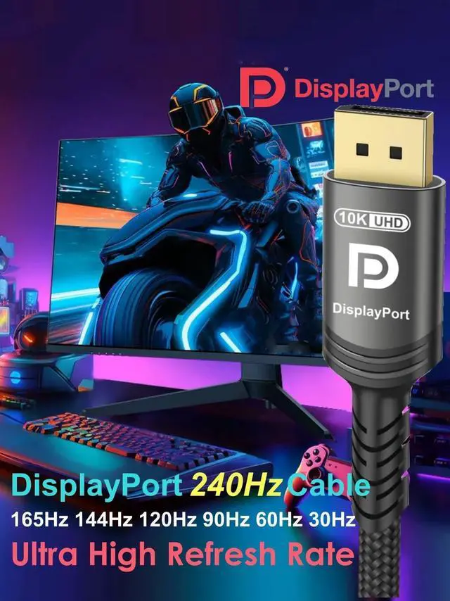 Alt view image 5 of 7 - Vszerda 10K 8K DisplayPort 2.1 Cable 54Gbps 6.6 FT, Certified DP to DP Cord 4K 240Hz 165Hz 144Hz 120Hz 10K 8K 120Hz Nylon Braided UHBR HDCP2.3 FreeSync G-Sync RTX5090 Gaming Monitor PC Projector