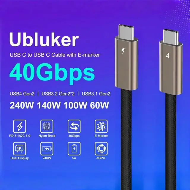 Alt view image 2 of 7 - Vszerda USB C to USB C Cable 40Gbps 6.6 FT, 240W 100W 60W USB4 Cable 24Pin for Thunderbolt4 Emarker USB Type C PD3.1 Video Audio Data Charger for iPhone16 16e 15 Galaxy S25 Display PC Mac Laptop