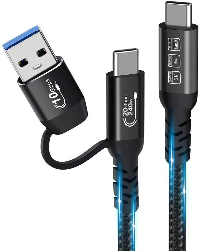 Main image of Vszerda USB C Cable,USbC 3.2 Gen 2X2 20Gbps,Multi Functional 2in1 USB A to Type C 8K@60Hz UHD Video 5A/240W PD3.1 Fast Charge Cord Compatible with Thunderbolt 3/4 MacBook Pro Samsung (USB C 200CM)