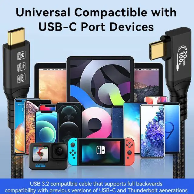 Alt view image 7 of 7 - Vszerda 16.5FT 20Gbps USB C 3.2 Gen 2 Cable, 5M 90Degree Type C 4K@60Hz UHD Video 5A/240W PD3.0 Fast Charge Cord w/E-Marker Compatible with Thunderbolt 3/4 MacBook Monitor