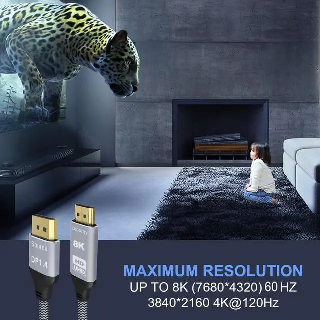 Alt view image 2 of 7 - Vszerda 6.6FT DisplayPort to HDMI 8K Cable, 8K@60Hz 4K@120Hz Uni-Directional DP1.4 (Source) to HDMI 2.1(Display),DP to HDMI Compatible HDCP 2.3 HDR10 for AMD,NVIDIA,Monitor and PC