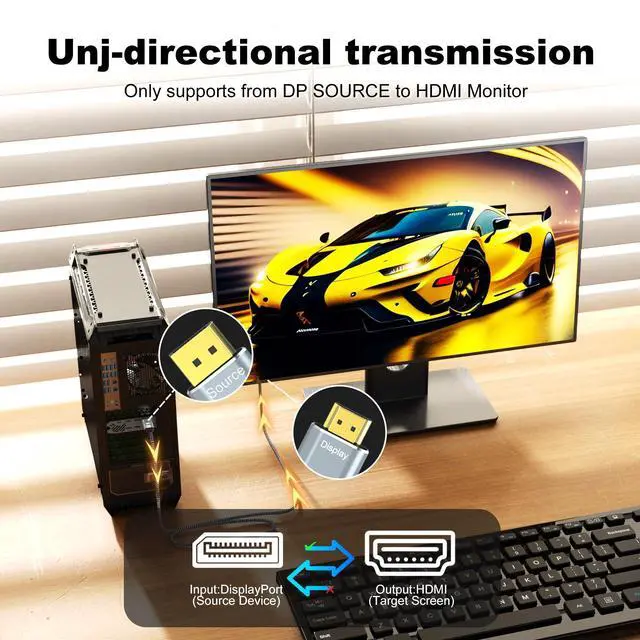 Alt view image 3 of 7 - Vszerda 6.6FT DisplayPort to HDMI 8K Cable, 8K@60Hz 4K@120Hz Uni-Directional DP1.4 (Source) to HDMI 2.1(Display),DP to HDMI Compatible HDCP 2.3 HDR10 for AMD,NVIDIA,Monitor and PC