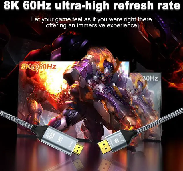 Alt view image 4 of 7 - Vszerda 6.6FT DisplayPort to HDMI 8K Cable, 8K@60Hz 4K@120Hz Uni-Directional DP1.4 (Source) to HDMI 2.1(Display),DP to HDMI Compatible HDCP 2.3 HDR10 for AMD,NVIDIA,Monitor and PC