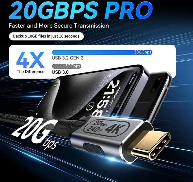 Alt view image 2 of 7 - Vszerda 10ft USB-C to USB-C Cable, 20Gbps Data Transfer, 4K@60Hz Video, 240W Fast Charge, Compatible with Laptops, Tablets, Smartphones, and Computers