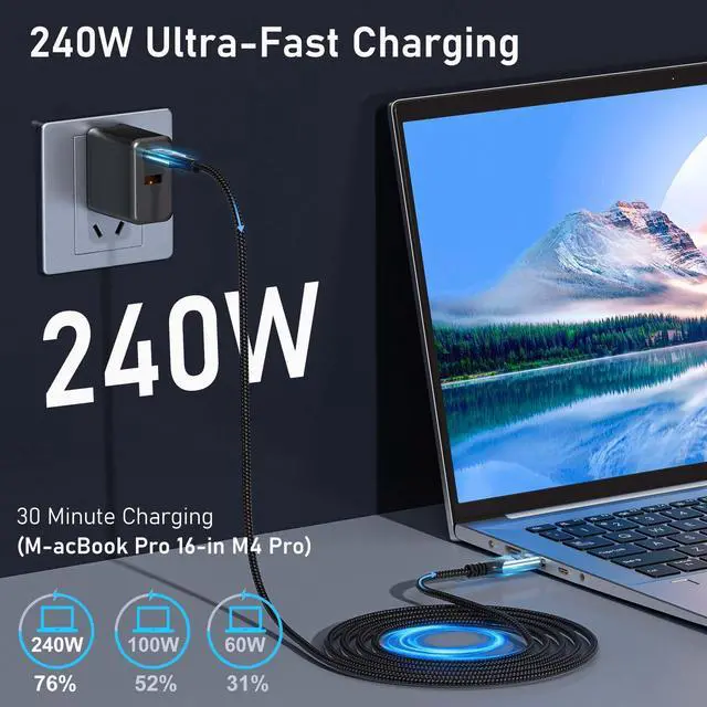Alt view image 4 of 7 - Vszerda long usb c to usb c 6FT/2M Compatible With Thunderbolt 5 Cable high Speed 80GbpsData Transfer,16K/8K/4K Video, Braided type c to type c Charger Cord, 240W PD Fast Charging for thunderbolt 4/3