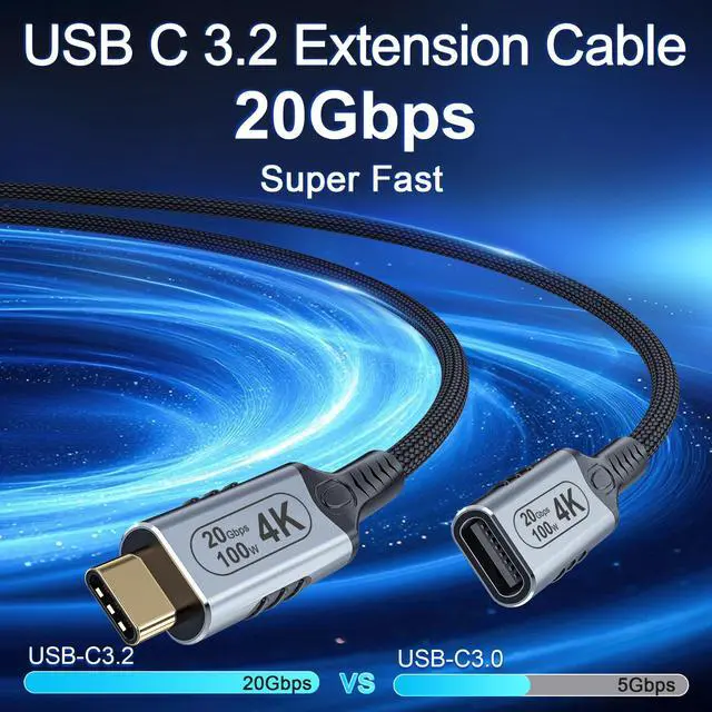 Alt view image 2 of 7 - Vszerda USB C Extension Cable 6.6ft, 100W Charging USB c 3.2 Extension Cable, high Speed 20gbps Data Transfer/4K Video usbc Female to usbc Male Compatible with Thunderbolt 4/3