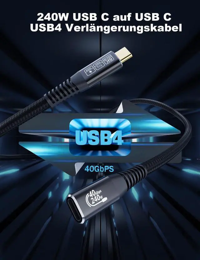 Alt view image 2 of 7 - Vszerda USB-C for Thunderbolt 4 Extension Cable 40Gbps Data Transfer, USB c Male to USB c Female Cable, 8K Display/PD 240W, Compatible with Thunderbolt 3/USB 4/3/SSD eGPU 2M/6.6FT