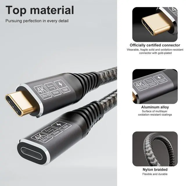 Alt view image 3 of 7 - Vszerda USB C 3.2 Extender - 3.3Ft Nylon Type C Male to Female Cord, 20Gbps, 100W, Compatible with PSVR2, Macbook, iPad Pro, USB C Hub, Magsafe Charger, iPhone15