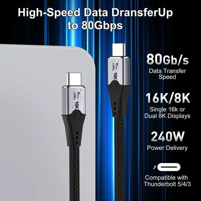 Alt view image 2 of 7 - Vszerda 6.6ft USB-C to USB-C Monitor Cable - 80Gbps Data Transfer, Dual 8K HD Display, 240W Charging, Compatible with Thunderbolt 5/4/3