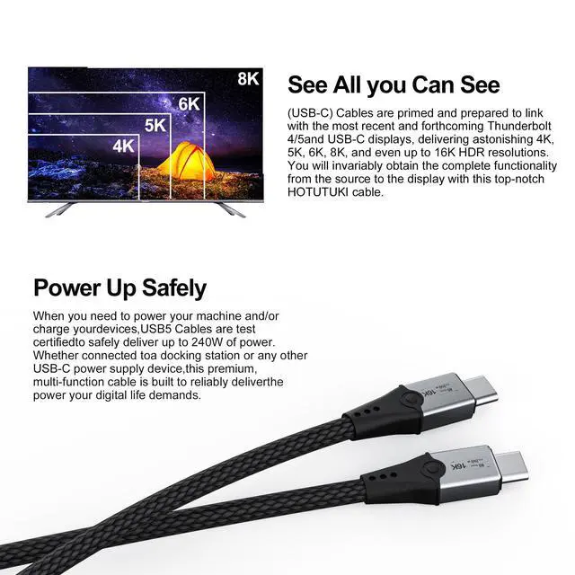 Alt view image 5 of 7 - Vszerda 6.6ft USB-C to USB-C Monitor Cable - 80Gbps Data Transfer, Dual 8K HD Display, 240W Charging, Compatible with Thunderbolt 5/4/3