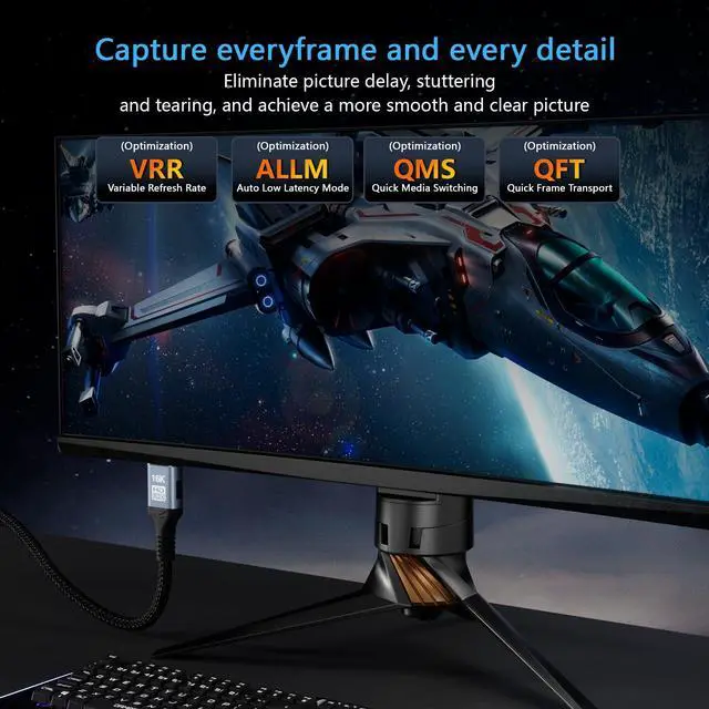 Alt view image 4 of 7 - Vszerda 16K 8K HDMI 2.2 Cable 96Gbps 6.6FT/2M, Ultra High Speed HDMI Gaming Cord Support 4K@480Hz 8K@240Hz, HDCP 2.2&2.3, Dynamic HDR, eARC,DTS:X, Compatible with PC/Monitor TV/HDTV/PS5/Blu-ray