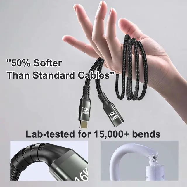 Alt view image 2 of 7 - usb type c extension cable short 0.6M/2FT Compatible with Thunderbolt 5 extender 80Gbps Data Transfer, USB c Male to USB c Female Cable, 8K/16K Display/PD 240W, for Thunderbolt 4/3/USB 5/4/SSD eGPU