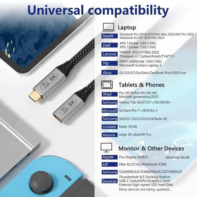 Alt view image 5 of 7 - usb c extension cable Compatible with thunderbolt 4 extension cable,usb 4 cable data transfer 40gbps, usb c male to female Ultra HD 8K@60Hz&4K@120Hz Video for monitor 3.3ft/1M 240W Fast Charging.