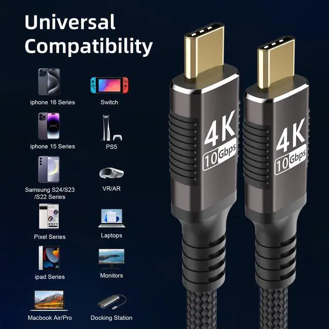 Alt view image 7 of 7 - Vszerda Long USB C to Usbc Cable 6.6ft Compatible with Thunderbolt 3,USB-C 3.1 Cable 10Gbps Data Transfer,4K@60Hz/2K@120Hz Video Output Monitor Cord,Type-C Nylon Braided PD3.0 100W Fast Charging.