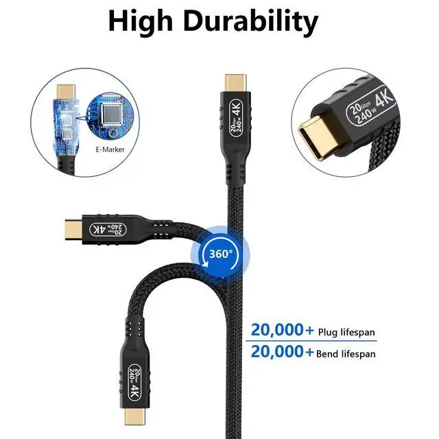 Alt view image 6 of 7 - Vszerda USB c 3.2 gen 2 Data Transfer 20 Gbps Cable 10ft/3musbc Nylon Long Fast Charging Cable 240 watt,USB c 4K Video Cable Compatibile laptops, Smartphone, Monitor.
